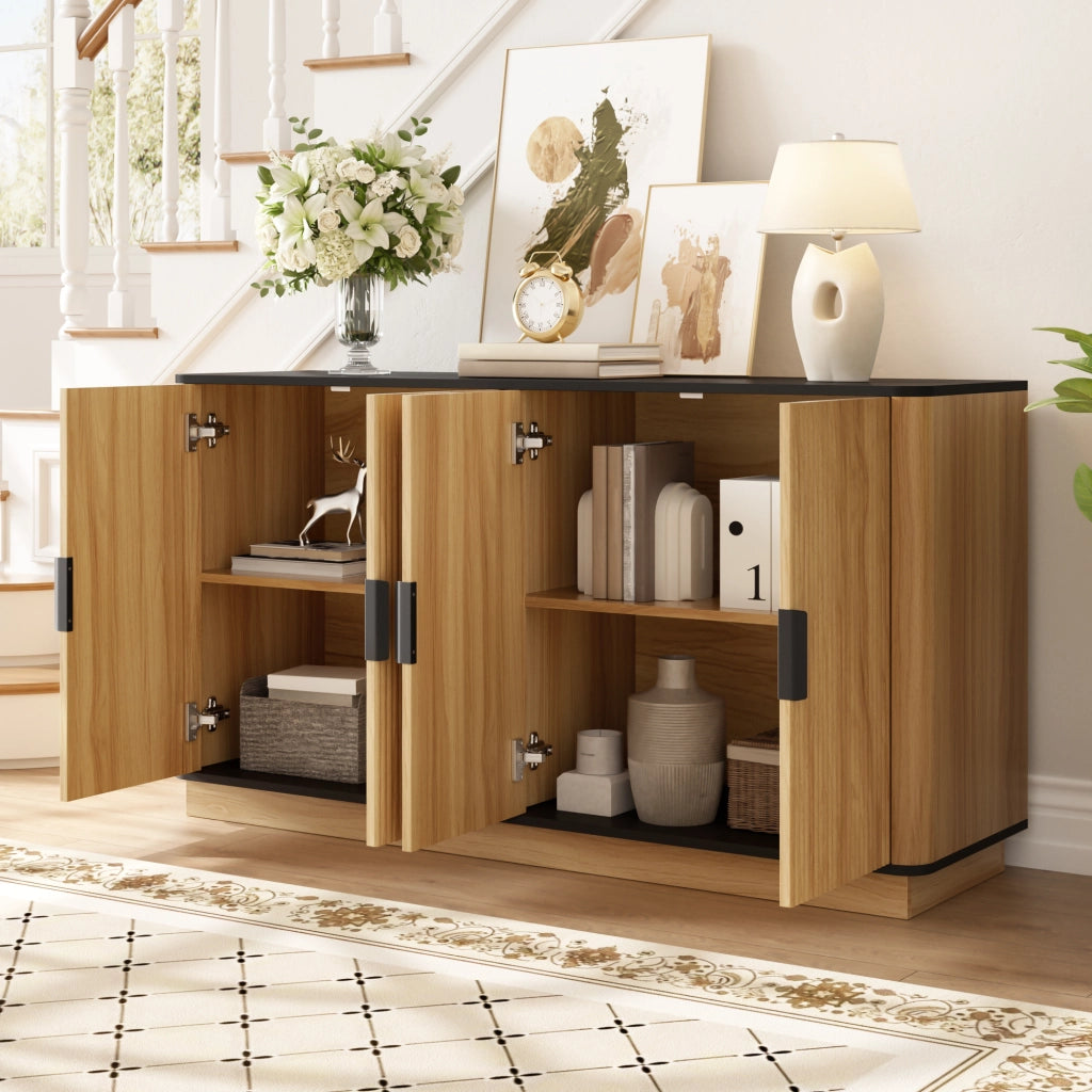 Credenza e madia a 4 ante con finitura effetto legno, maniglie in alluminio, per soggiorno, 139 × 40 × 75 cm