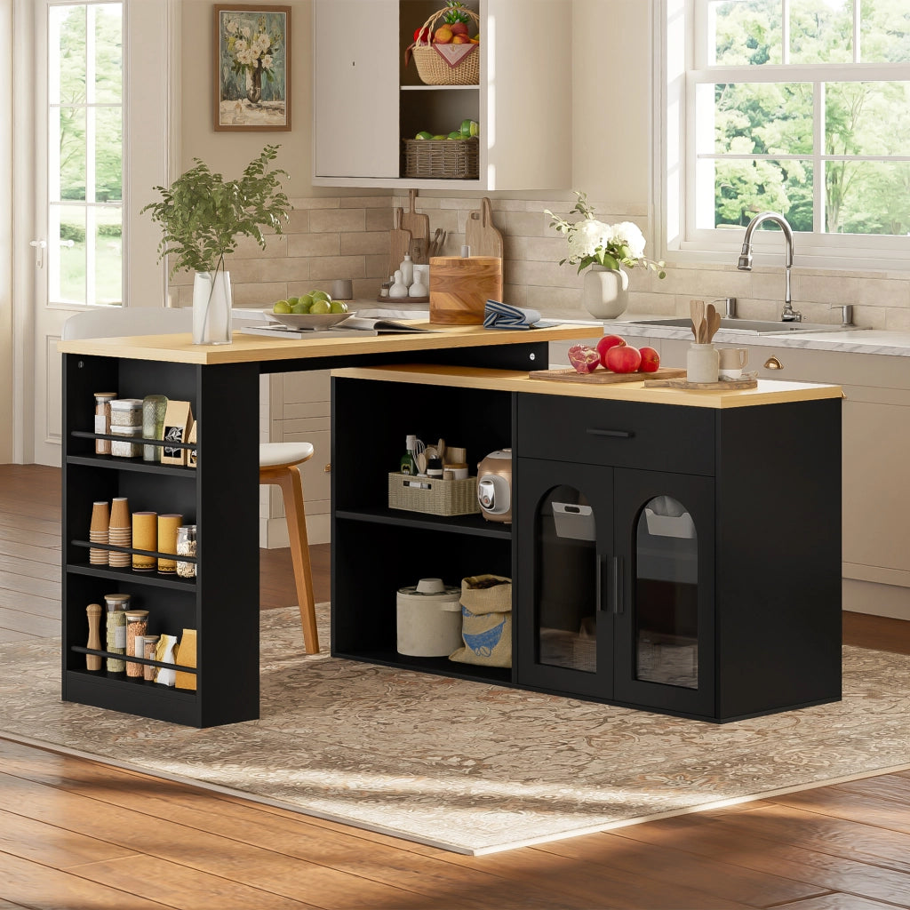 Isola da Cucina 136x50x78 cm Nera e Legno con Tavolo Girevole 360°, Cassetto, Ripiani e Vetro