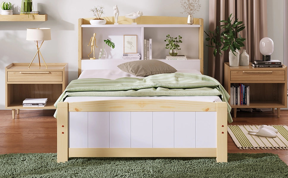 Letto singolo 90x200 cm in legno massello con testiera contenitore e materasso a molle insacchettate, bianco