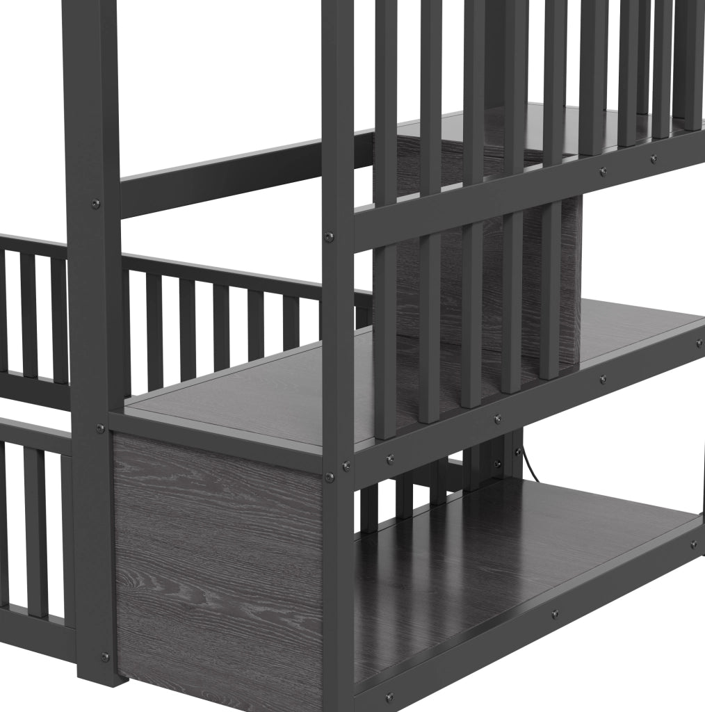 Letto a castello 90x200 con LED; scala contenitore e protezione; nero
