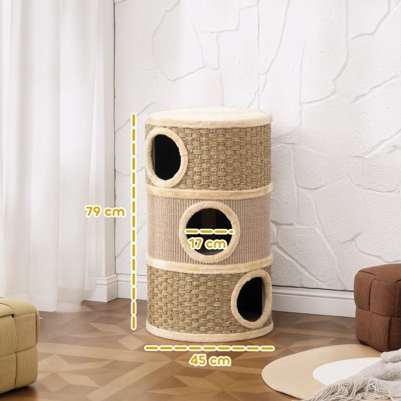 Torre tiragraffi per gatti a 3 livelli, 79 cm, con grotta e rivestimento in sisal, Khaki/Marrone