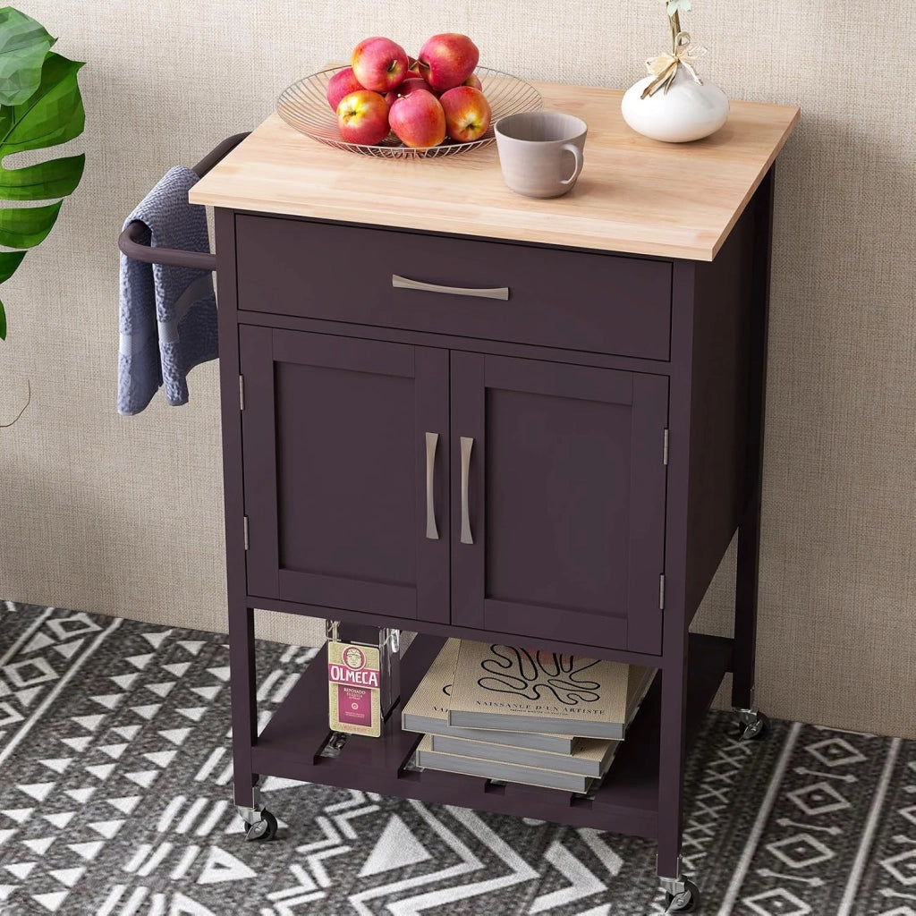 Carrello da Cucina con Cassetto, Isola da Cucina con 2 Ante Vassoio Inferiore e Porta Asciugamani, Carrello con Ruote per Sala da Pranzo Soggiorno Bar, 73 x 48 x 90 cm (Marrone)