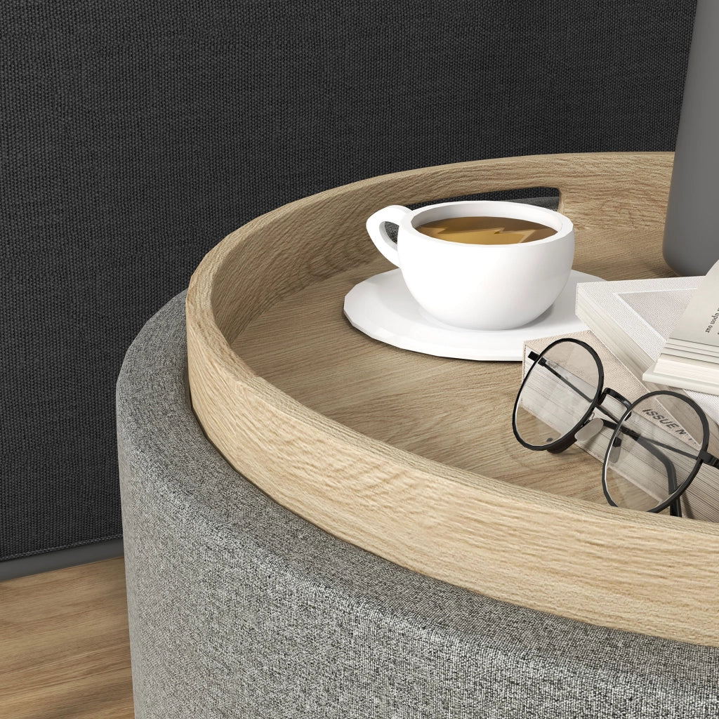 Pouf contenitore rotondo con coperchio ribaltabile in tessuto effetto lino grigio Ø56 x 42 cm