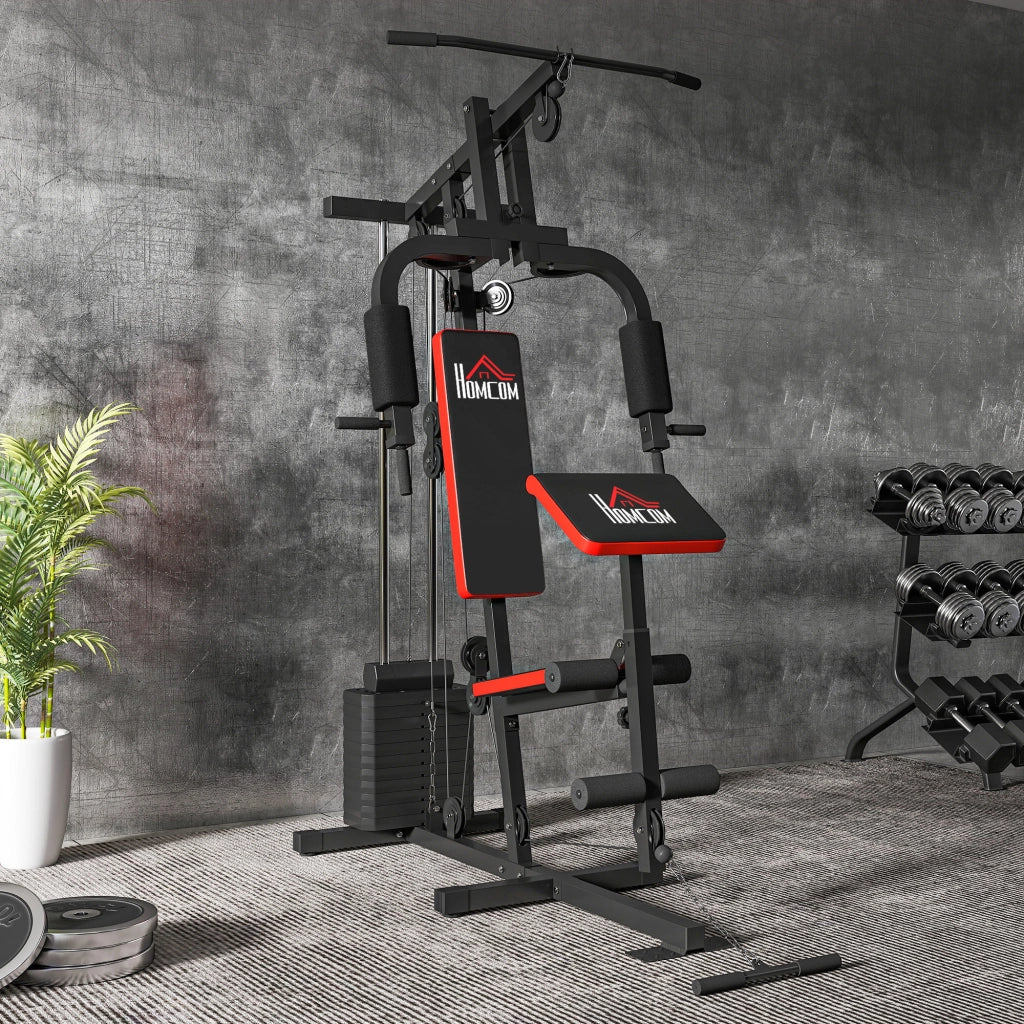Power Tower con Pesi fino a 65 kg per Workout, in Acciaio e PU, 135x103x210 cm, Nero e Rosso