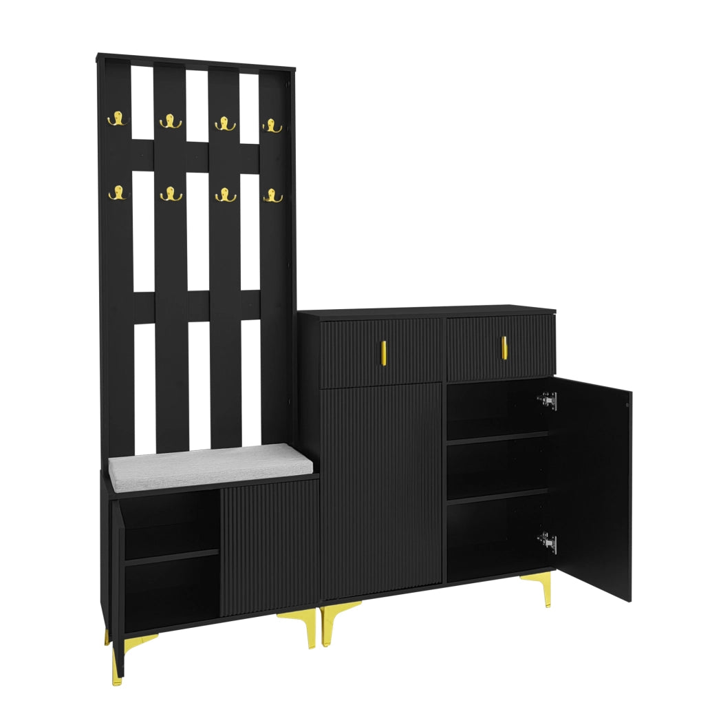 Set ingresso con scarpiera e panca; appendiabiti con ganci; nero; in truciolare