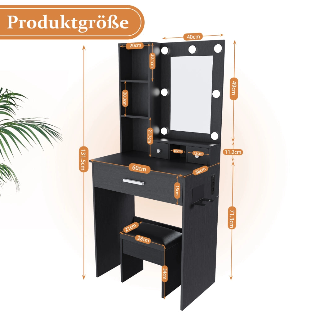 Tavolo da toeletta compatto con specchio LED regolabile; presa; porta asciugacapelli; sgabello imbottito; cassetti e mensola; Nero; B60×H131;5×P38cm