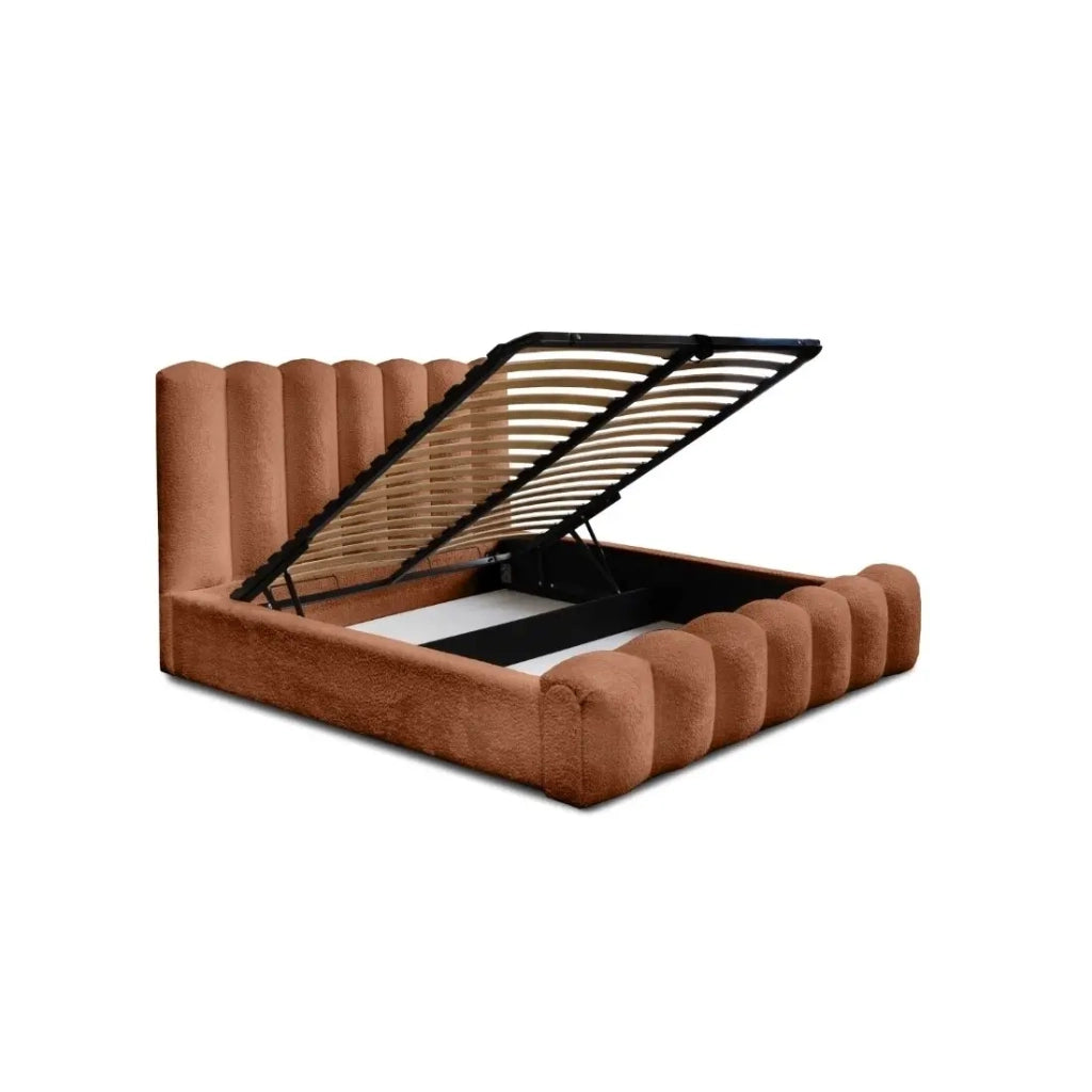 Letto contenitore BADJA - Tessuto bouclé Terracotta - 180x200 cm - Rete sollevabile - Design di alta gamma