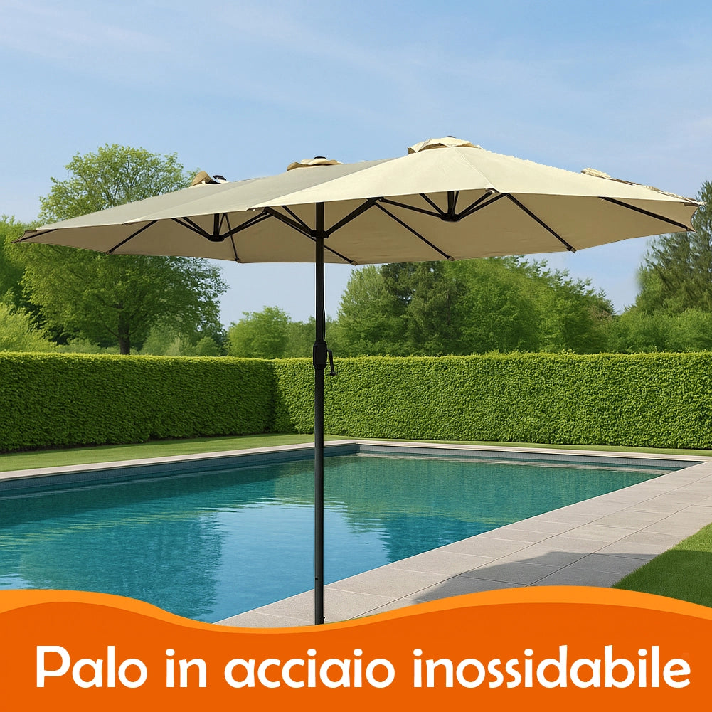 Ombrellone Doppio da Giardino 4.45x2.7m Manovella Copertura Beige UV Acciaio