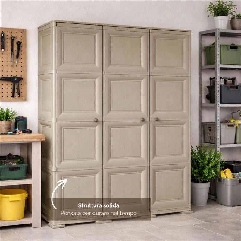 ARMADIO 3 ANTE TAUPE 118X43X164 CM CON PUNTALI E VANO PORTASCOPA – MOBILE ALTO ORGANIZZAZIONE CASA PER INGRESSO E LAVANDERIA