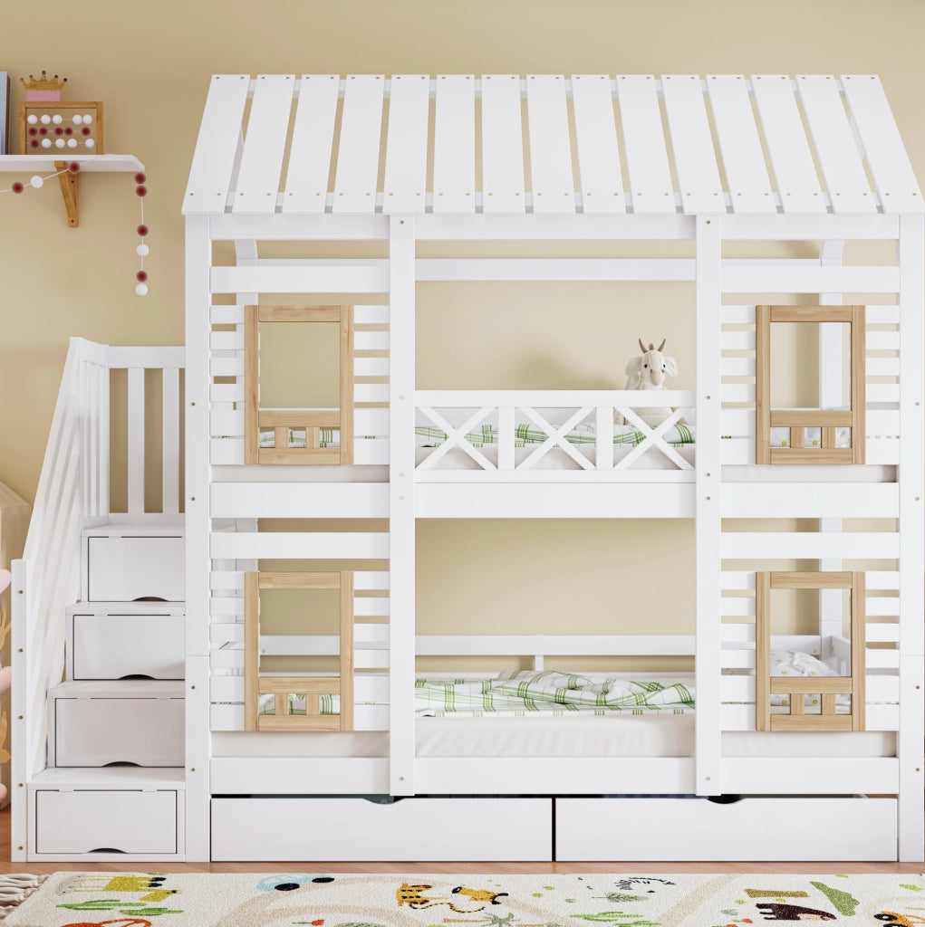 Letto a castello per bambini con finestre, scala contenitore e cassetti