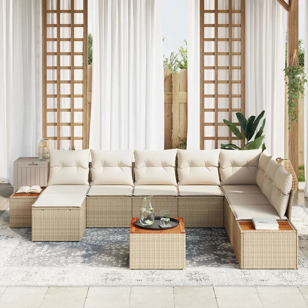 Set Divano da Giardino con cuscino 9 pcs Beige Poly Rattan