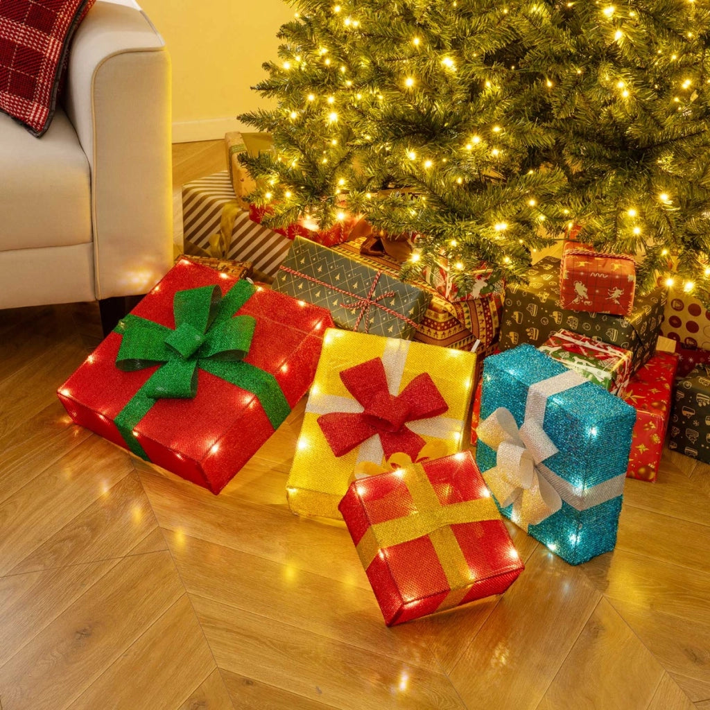 Set di 4 scatole natalizie illuminate con 4 fascette 2 picchetti a forma di L e luce bianca calda-Scatole regalo di natale a LED