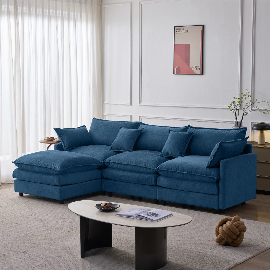Divano modulare angolare a L con pouf mobile in chenille blu a 3 posti per soggiorno e lounge