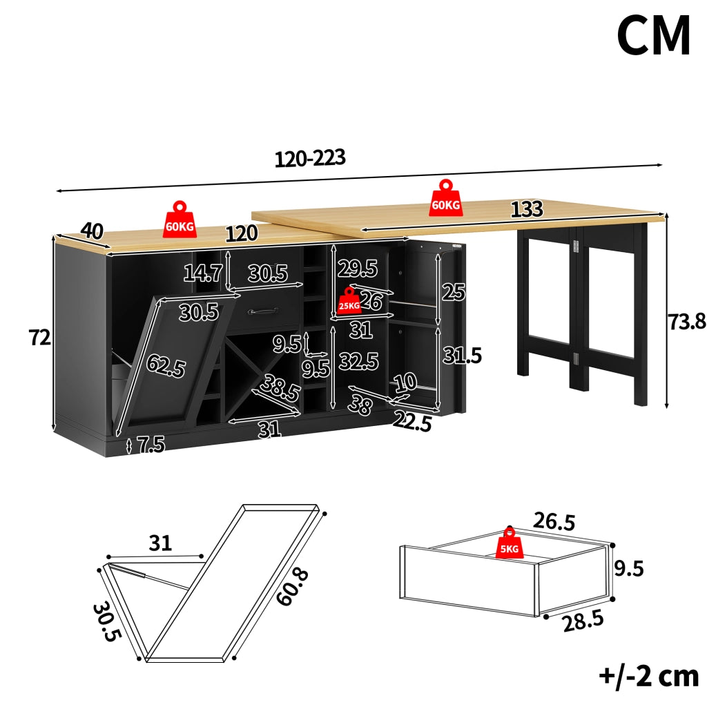 ISOLA DA CUCINA Girevole 120-223 cm in MDF e Metallo Nero