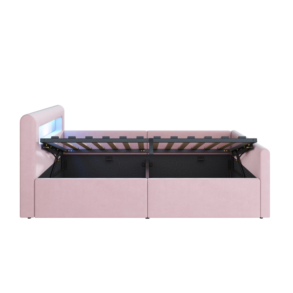 Letto singolo 90×200 cm con LED; luce notturna; USB e contenitore idraulico; senza materasso; rosa