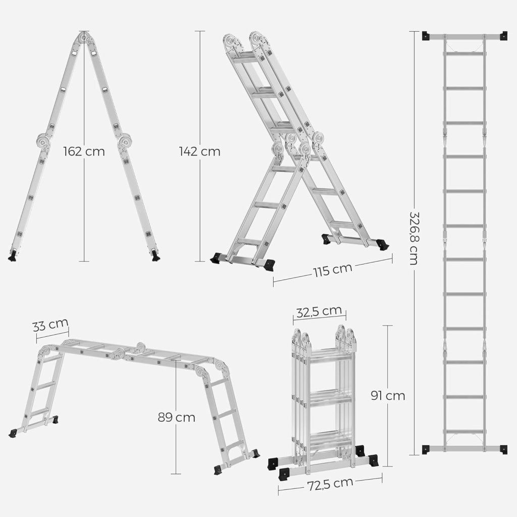 SONGMICS Scala Multifunzione in Alluminio, Scala a Gradini, Scaletta Domestica, 4 x 3 Gradini, fino a 150 kg, 12 Gradini, Design 6-in-1, Lunga 326 cm, Colore Argento GLT36M