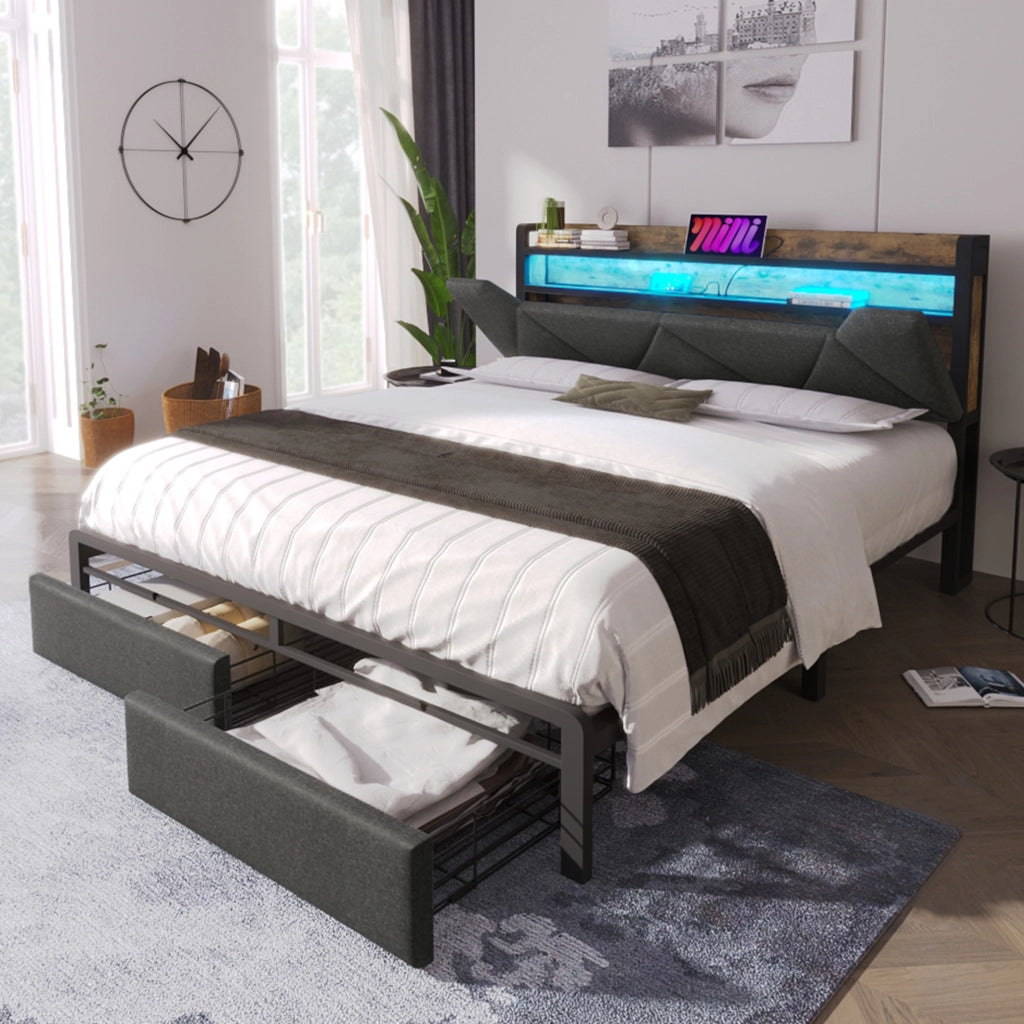 Letto matrimoniale 160x200 cm grigio con LED, ricarica USB-C e cassetti