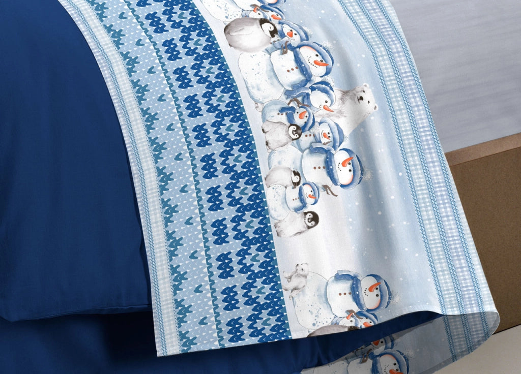 Completo Lenzuola Letto Pensieri Delicati 100% Cotone Dis. Inverno Polare - Singolo - Blu