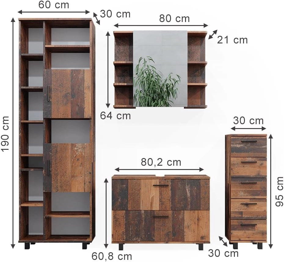 Set di mobili da bagno Ilias, Rovere rustico, 80.2 cm, composto da mobile lavabo, pensile a specchio, colonna e base media