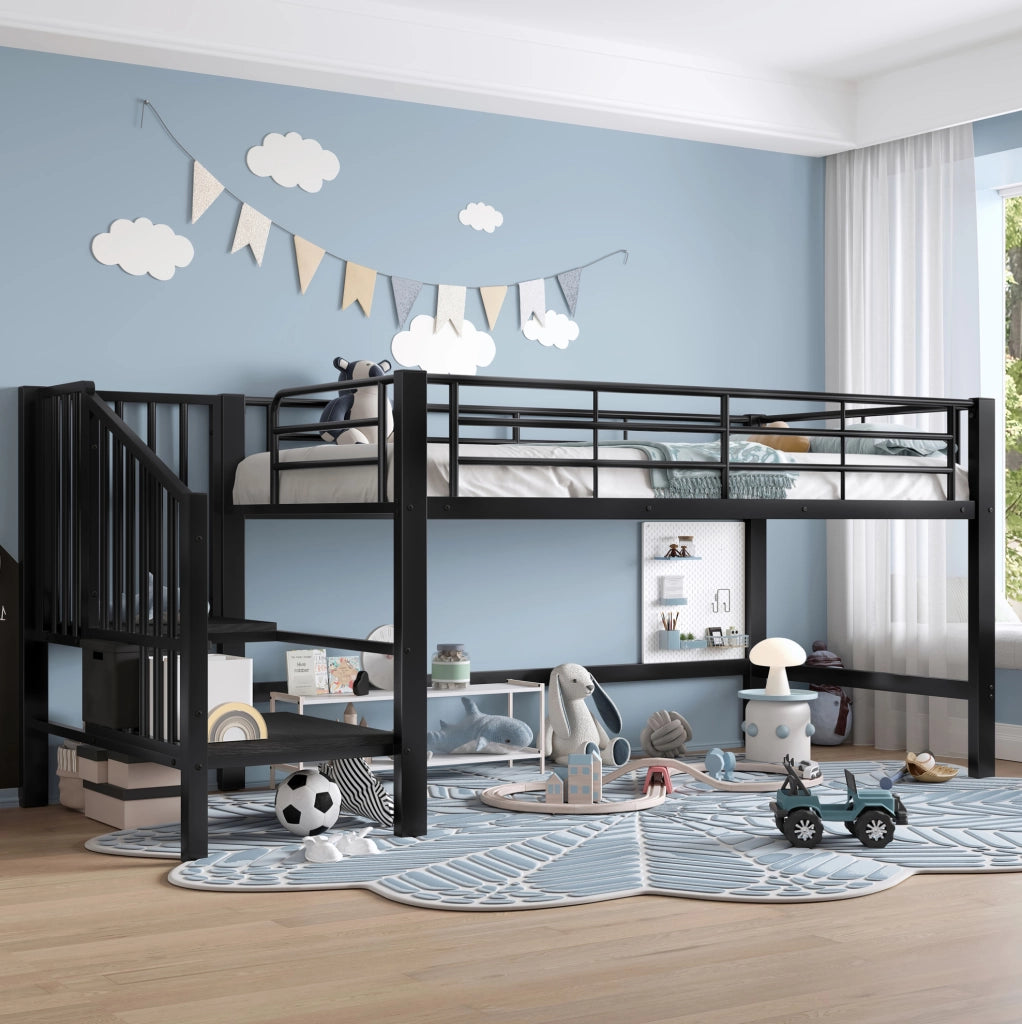 Letto a soppalco semi alto 90x200 cm con scala contenitore nero