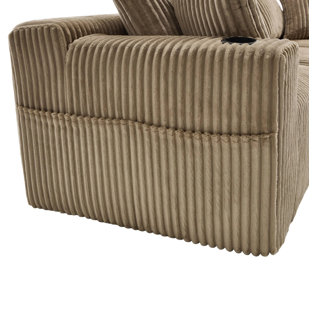 Divano modulare 257x90-160x62 cm con chaise longue; 5 cuscini e portabicchieri in corduroy khaki