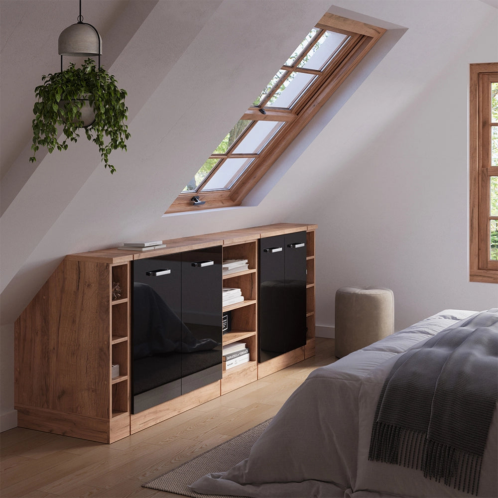 Set di mobili sottotetto Rion Nero lucido/Rovere dorato 210 cm Set di 5 carcasse armadio profondità 60 cm Vicco