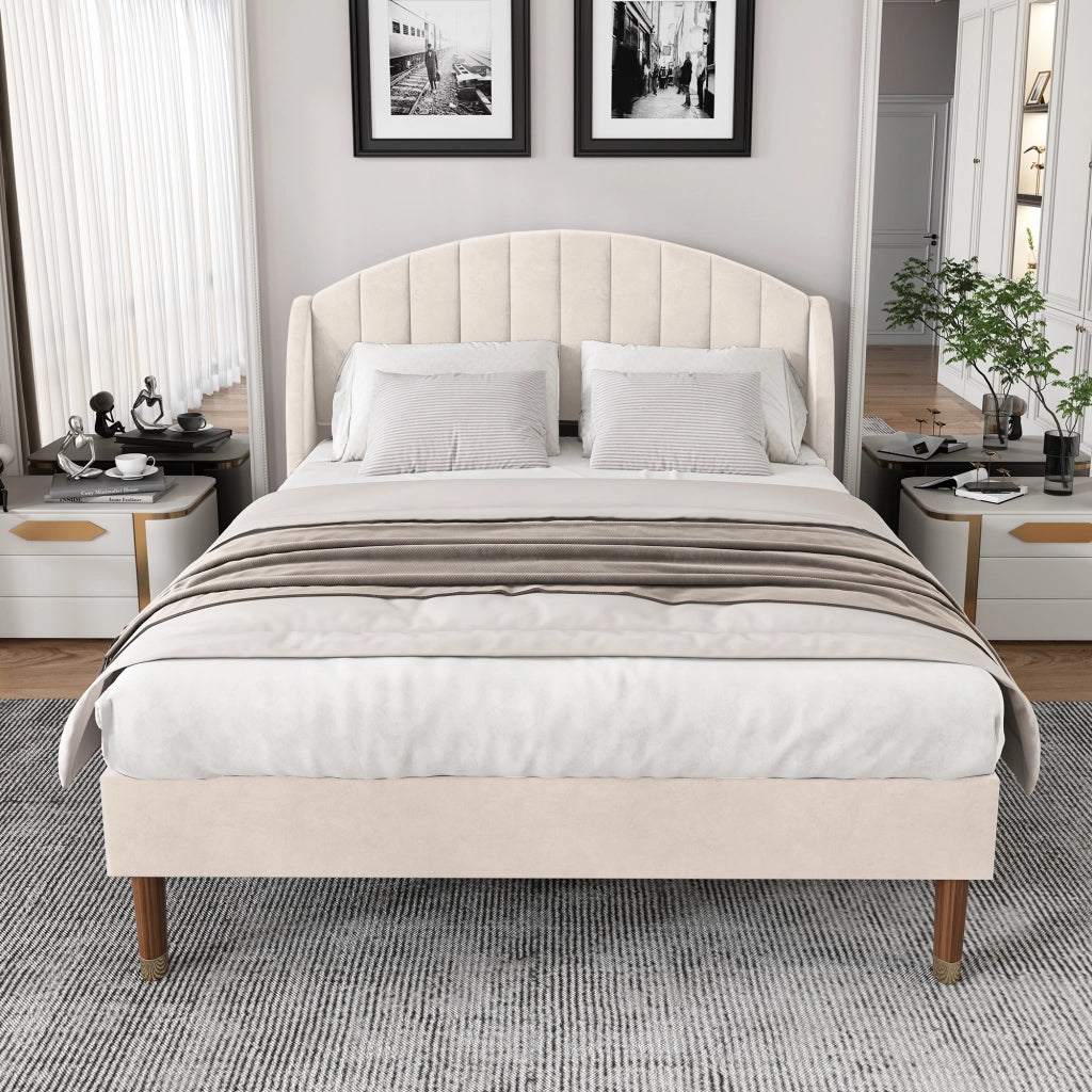 OKWISH Letto Imbottito 140×200 cm, Letto Matrimoniale con Testiera Imbottita e Piedini 20 cm, senza Materasso, in Velluto, Beige