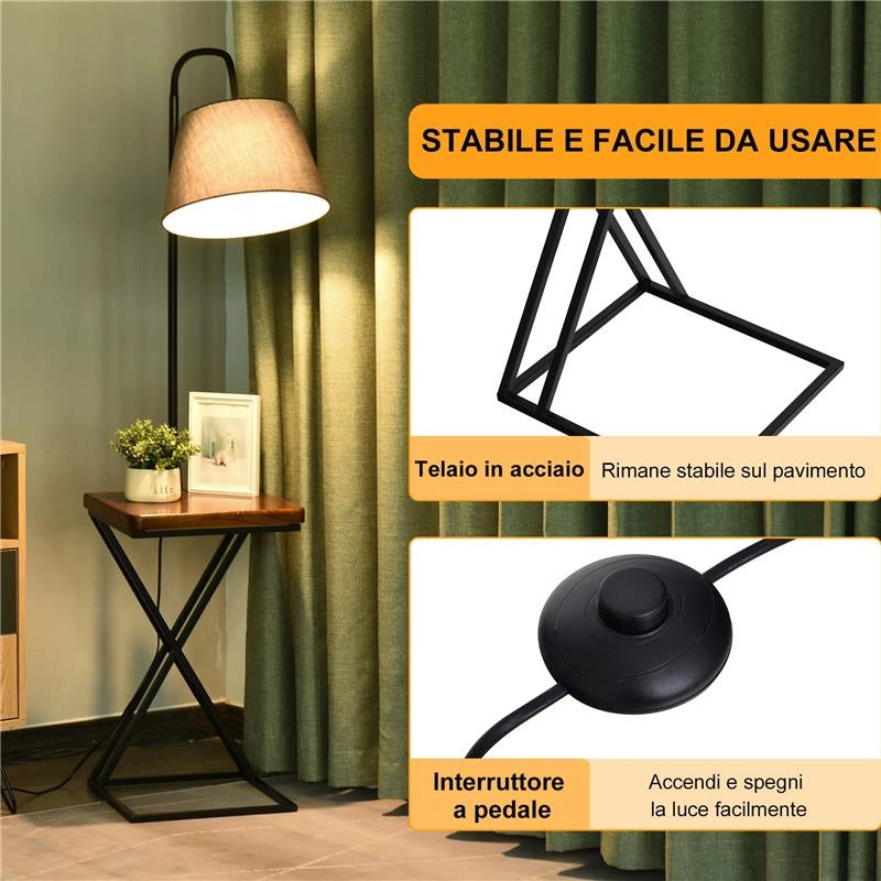 LAMPADA DA TERRA CON RIPIANO E CARICATORE WIRELESS IN ACCIAIO E LEGNO