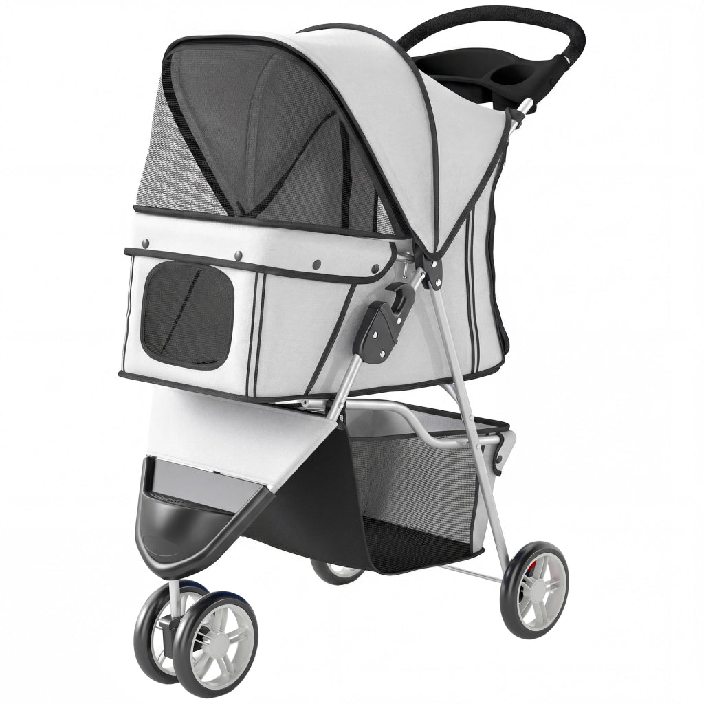 Carrello per Cani 4 Ruote Pieghevole con Coperchio Regolabile e Cestino ¨C Zephmum ¨C Grigio 77x44x102cm