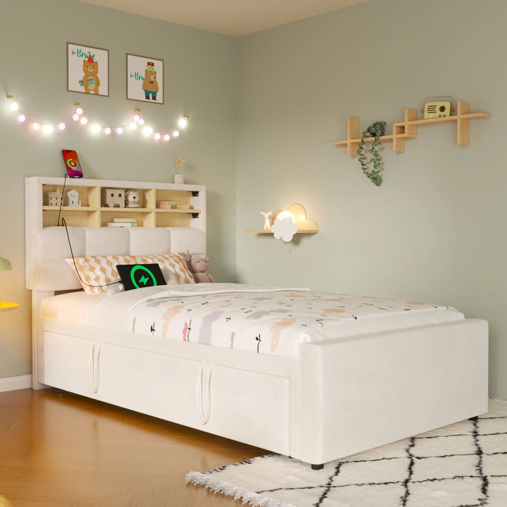 Letto singolo in velluto beige 90x200 cm con letto estraibile e prese USB