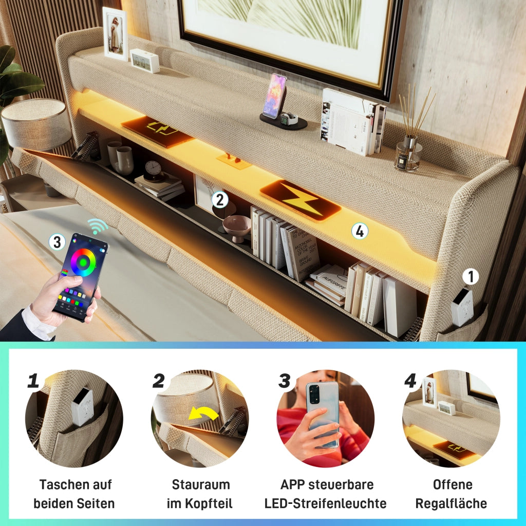 OKWISH Letto Contenitore 180×200 cm, Letto Matrimoniale con LED 360°, USB, Tipo C e Testiera con Contenitori, senza Materasso, in Lino, Beige