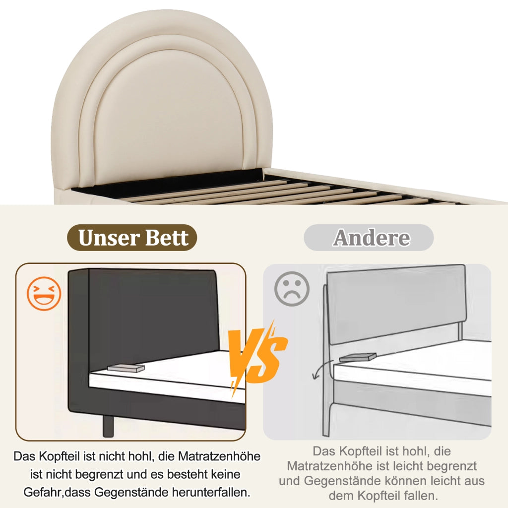 Letto per bambini 90 × 200 cm con contenitore idraulico, testiera imbottita, senza materasso, velluto beige