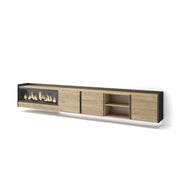 Mobile TV Soggiorno, 315x50x35 cm, Per TV fino a 80", Camino elettrico XXL, Sospeso, da appendere, LED, Rovere e nero