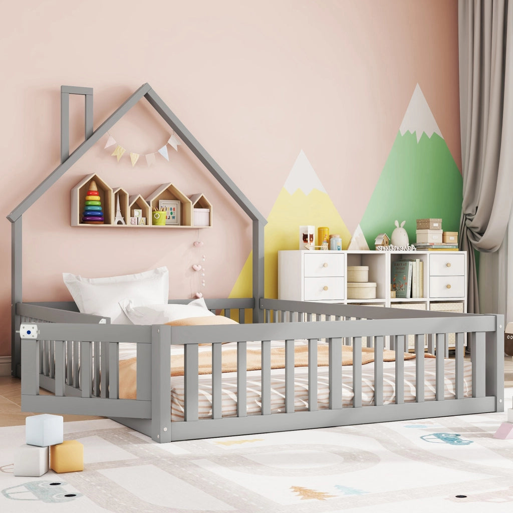 DESMIU Letto per bambini 2 posti 140 × 190 cm con sponde e forma camino, senza materasso, grigio