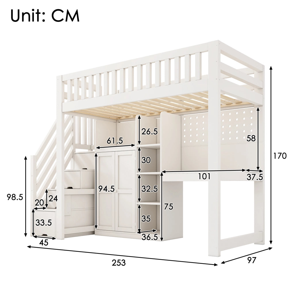 Letto a soppalco bianco 90x200 cm in legno con scrivania; armadio; ripiani e prese USB