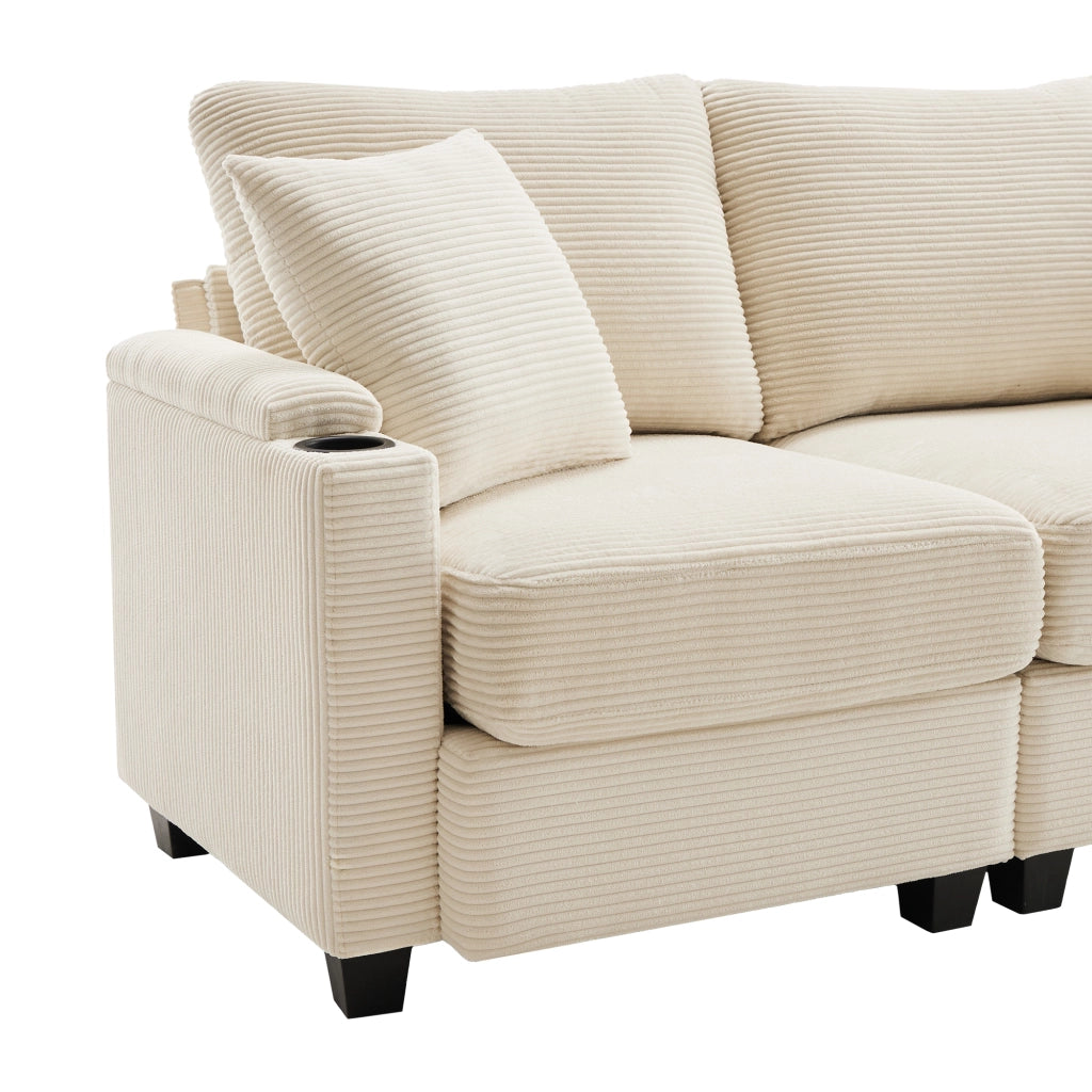 Divano angolare reversibile 3 posti con ricarica USB, ripiano bracciolo, 2 cuscini, velluto a coste Beige