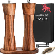 Set di Molini da Pepe e Sale in Legno da 2 a 20 cm - Con Sostegno e Spazzola di Pulizia - Macchina da Masticare a Mano Ceramica - Per Pepe, Sale e Spezie