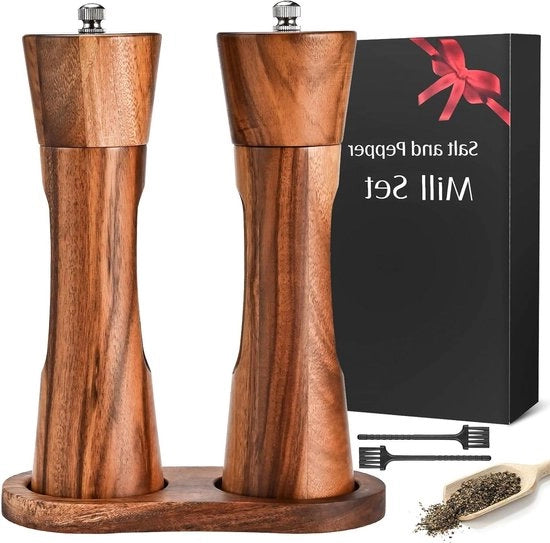 Set di Molini da Pepe e Sale in Legno da 2 a 20 cm - Con Sostegno e Spazzola di Pulizia - Macchina da Masticare a Mano Ceramica - Per Pepe, Sale e Spezie