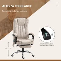 Sedia da Ufficio Massaggiante e Riscaldante con Poggiapiedi, in Microfibra, 62x70x113-120 cm, Crema