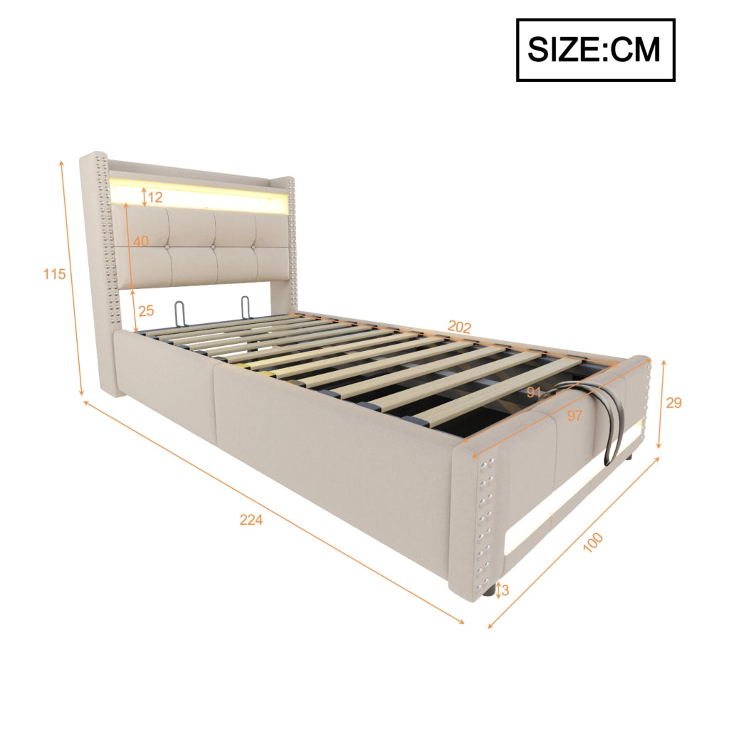 Letto singolo imbottito per bambini 90x200 cm con LED; USB e contenitore idraulico; beige