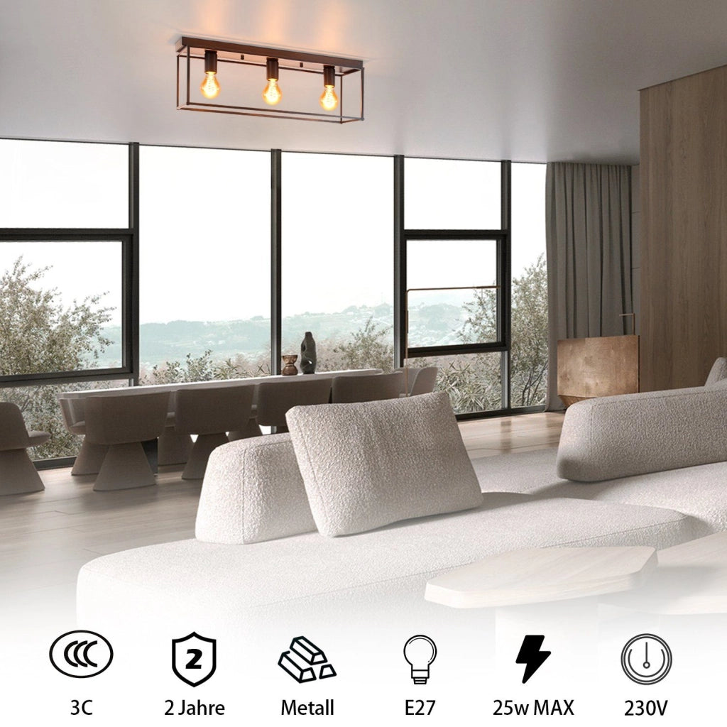 ZMH Lampada da soffitto 3 luci E27 max 25W metallo nero retrò per soggiorno cucina