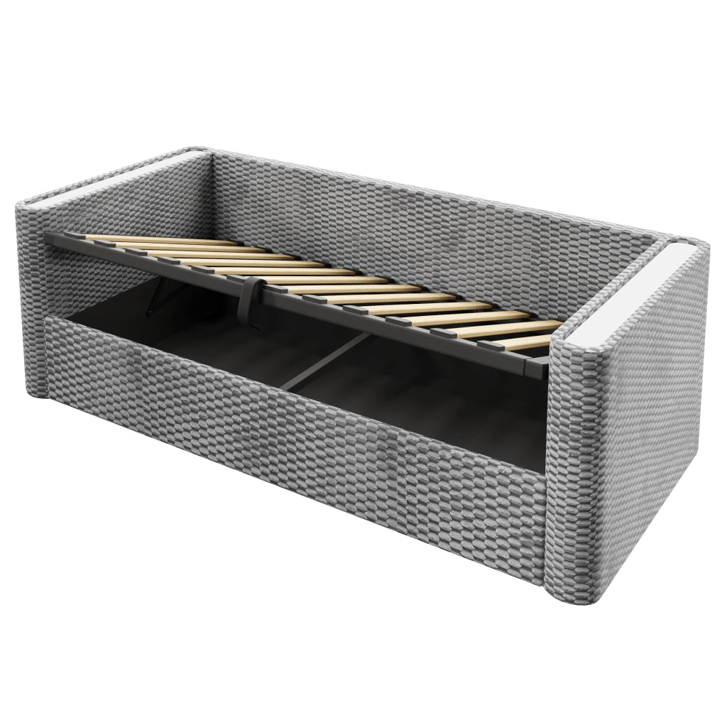 Letto contenitore singolo 90×200 cm con LED e rete sollevabile; senza materasso; velluto; grigio
