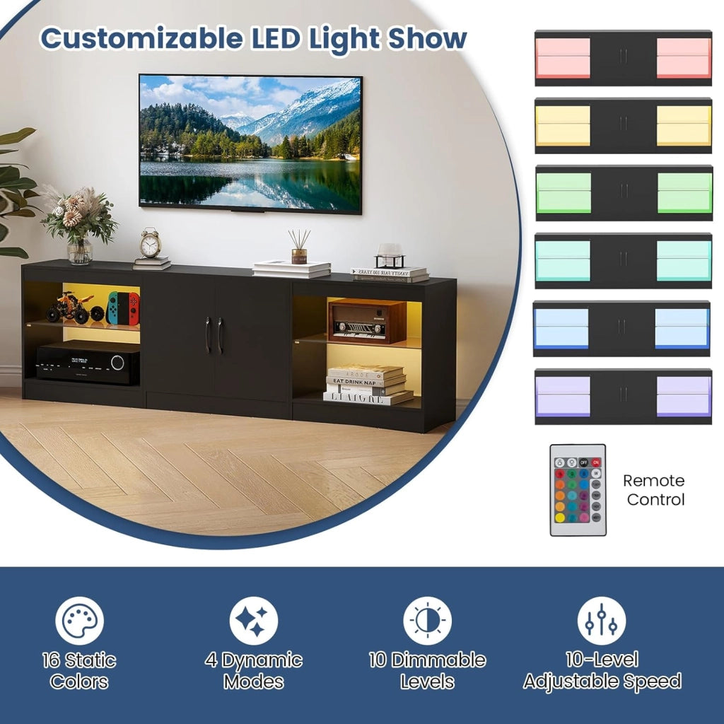 Mobile TV da 85" 3 in 1 con Luci LED, Mobiletto porta Televisori Liberamente Combinabile da 3 Pezzi, con Ripiani in Vetro Regolabili, per Soggiorno, Camera da Letto, 195x30x55cm (Nero)