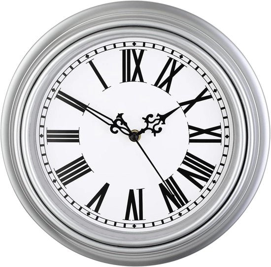 Orologio da parete retro 10'' silenzioso con cifre romane funzionante a batterie in argento.