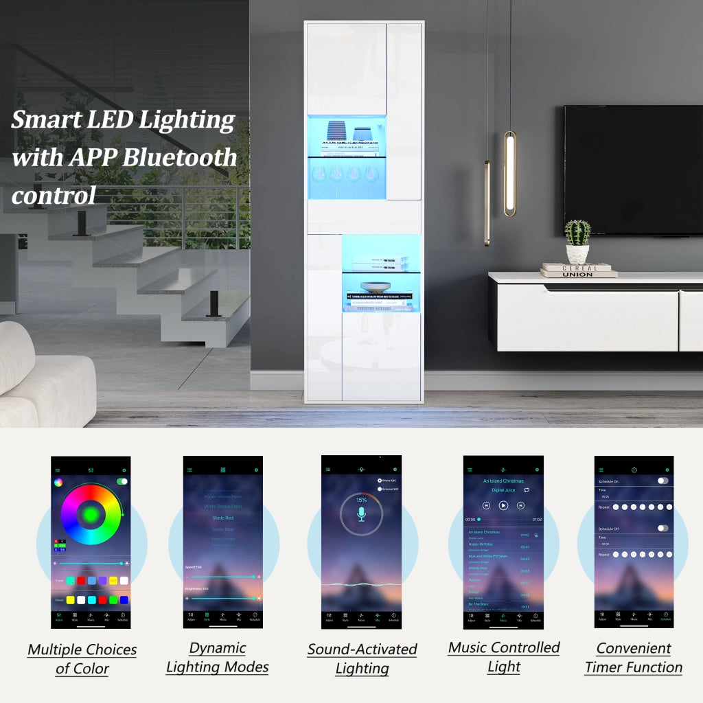 Vetrina con led e 1 cassetto, 4 ante e 11 vani, in truciolare, bianco, per soggiorno, 55 × 38 × 170 cm