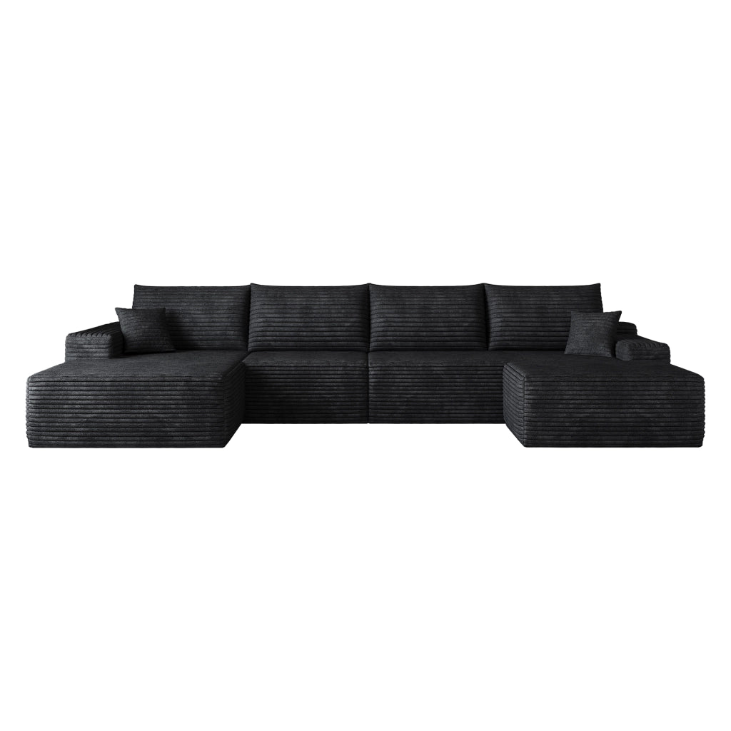 Divano angolare modulare con chaise longue e schiuma elastica in tessuto a coste nero