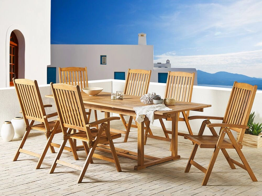 Set da pranzo da giardino Cuscini in legno di acacia Sedie pieghevoli regolabili a 6 posti in stile country per esterni