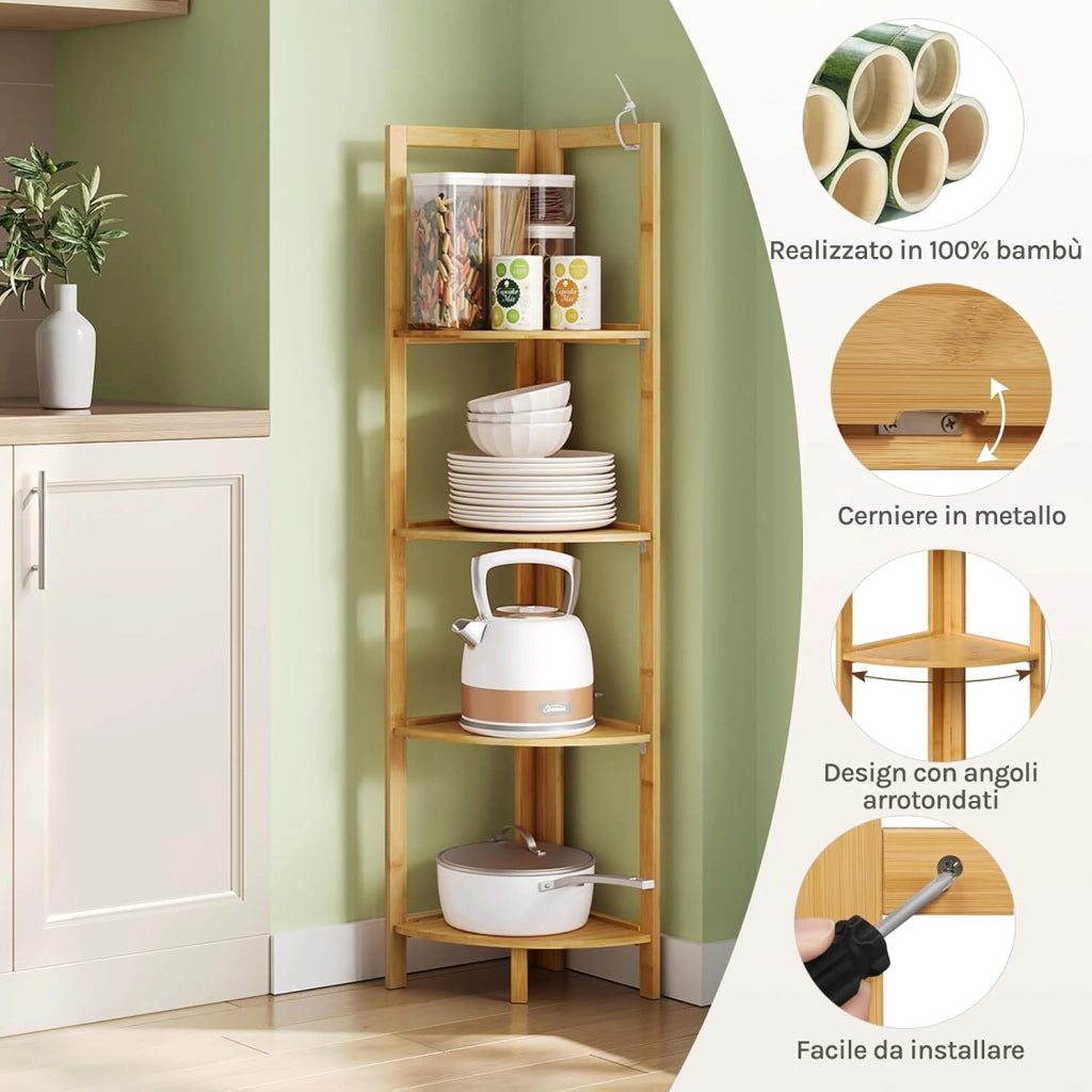 Mobiletto Bagno in Bambù a 4 Livelli, Scaffale Angolare Pieghevole, per Bagno, Cucina, Soggiorno, Bambù Naturale, 27x27x120 cm