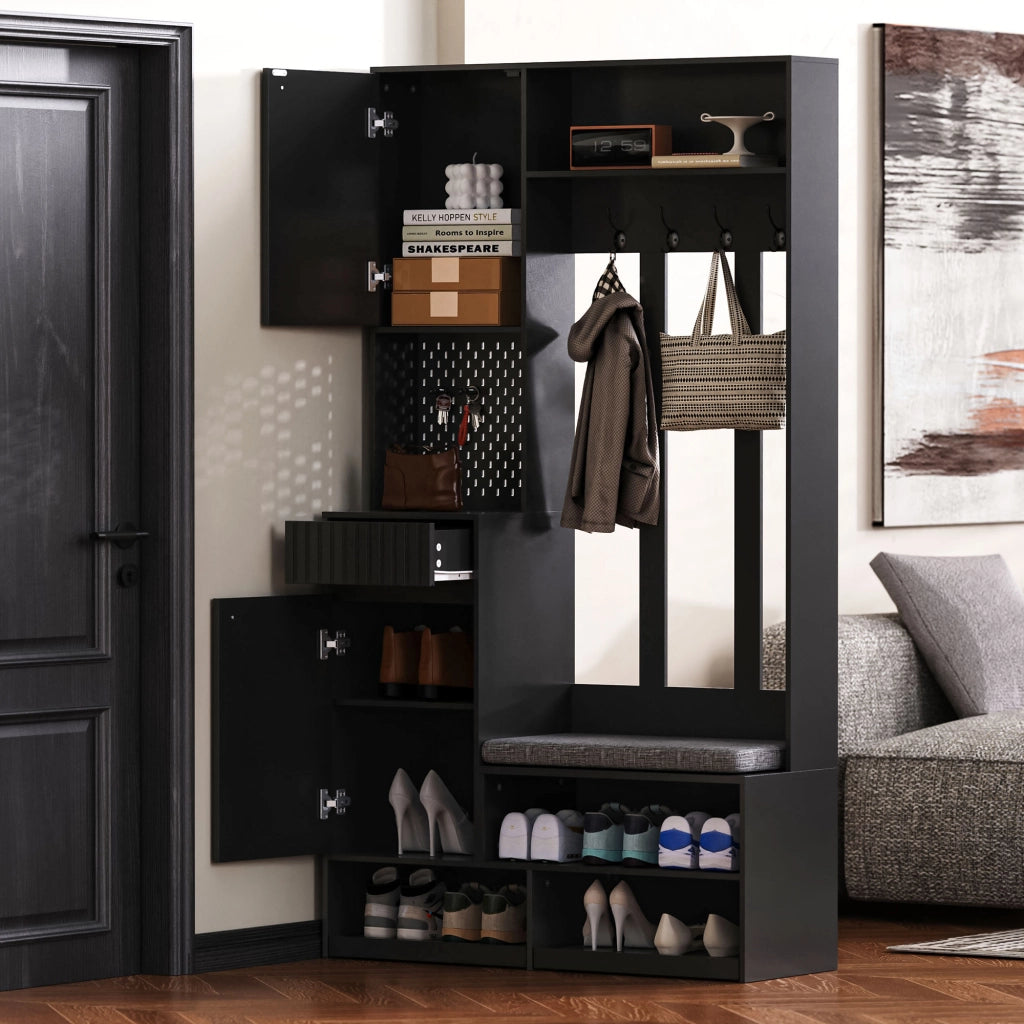 OKWISH Mobile da Ingresso con Panchina, 4 Ganci, Armadietto, 2 Cassetti e Vani Aperti, per Ingresso, MDF, Nero, 100 x 35 x 180 cm