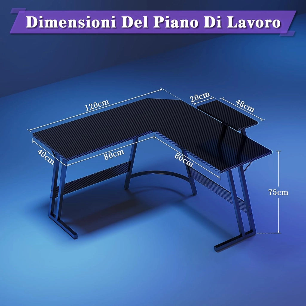 120 x 120 cm Scrivania Gaming Angolare, Scrivania Angolare con Supporto per Monitor per Lo Studio, Il Gioco E Il Lavoro, Scrivania Gaming Ergonomica(Carbonio Nero)